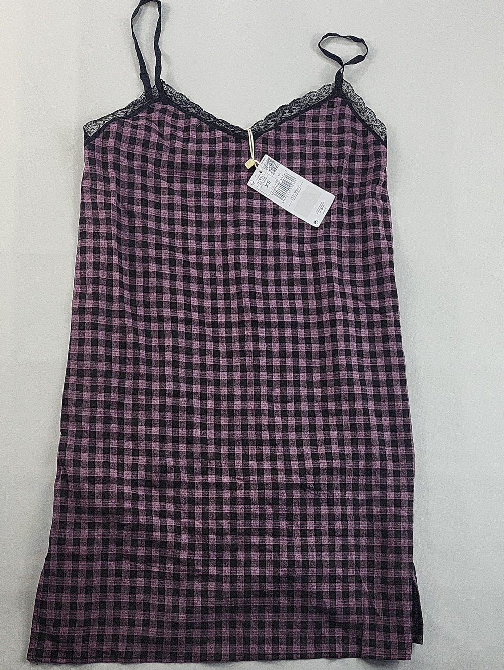 Mango Plaid Gingham Mini Slip Dress Lace Trim Sweetheart Neckline XS New